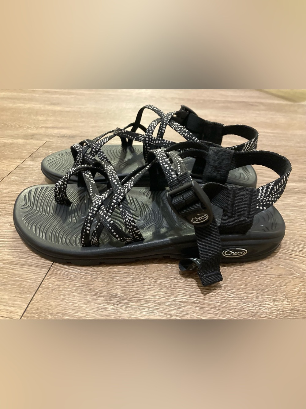 Chaco Women's Strappy Sandal in Black with White Pattern